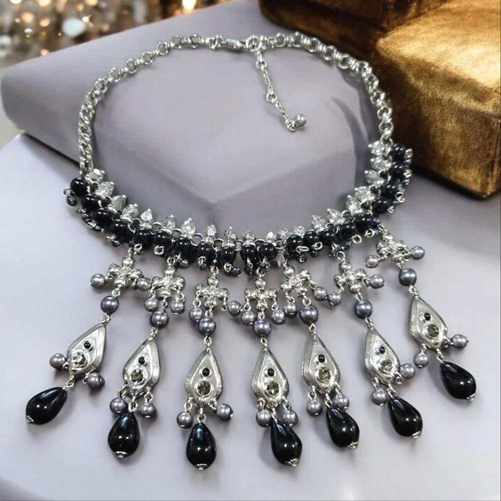 GERARD YOSCA Vintage Massive Cross Pearl Onyx Statement Necklace - Picture 2 of 5
